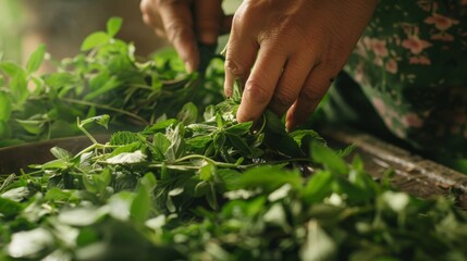 Herbal tea preparation, fresh herbs being picked and dried, detailed process