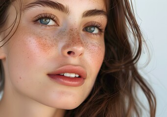 Fototapeta premium Close-up portrait of a beautiful young woman with freckles