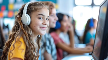 A young girl wearing headphones is focused on writing code on a computer screen, smiling cheerfully. She is in a classroom setting with other students in the background
