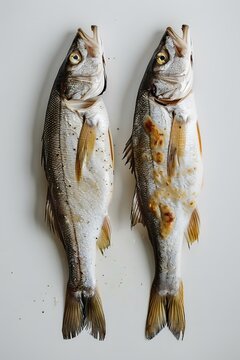 Two grilled fishes on a white background