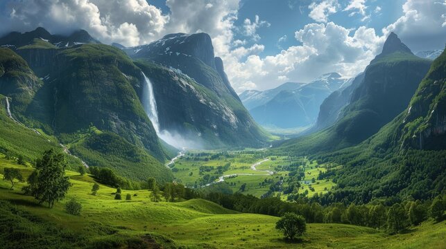 Panoramic view of a green valley with mountains and a majestic waterfall in the background.