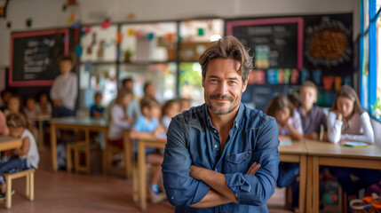 Obraz premium A smiling teacher stands in front of his students in a brightly lit classroom