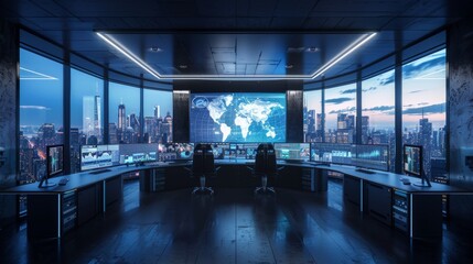 Monitor room surrounded by desktop computers, chairs, and sleek office decor, displaying risk management reports on large digital screen.