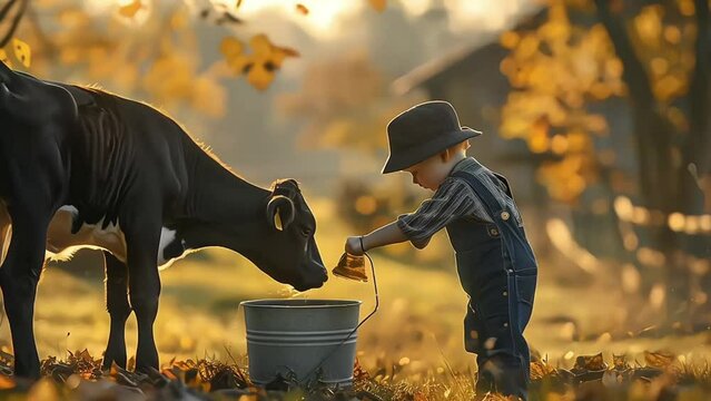 Child taking care of a cow at a family farm during autumn season
