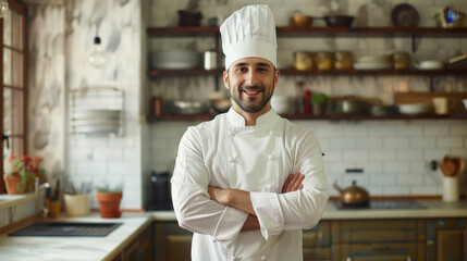 Realistic photo of head chef working professionally in modern kitchen area. Model chef posing with professional cofident attitude in a private design project with perfect natural lighting environment.