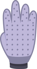Purple rubber pet grooming glove for combing and massaging is lying on white background
