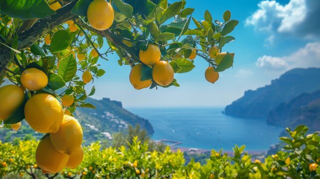 Lush lemon groves with bright yellow lemons hanging from branches, scenic Amalfi background