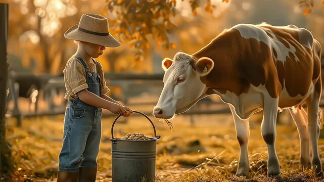 Child taking care of a cow at a family farm during autumn season