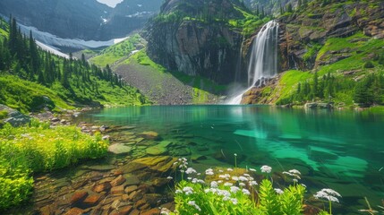 Peaceful mountain lake surrounded by vibrant greenery and a stunning waterfall.