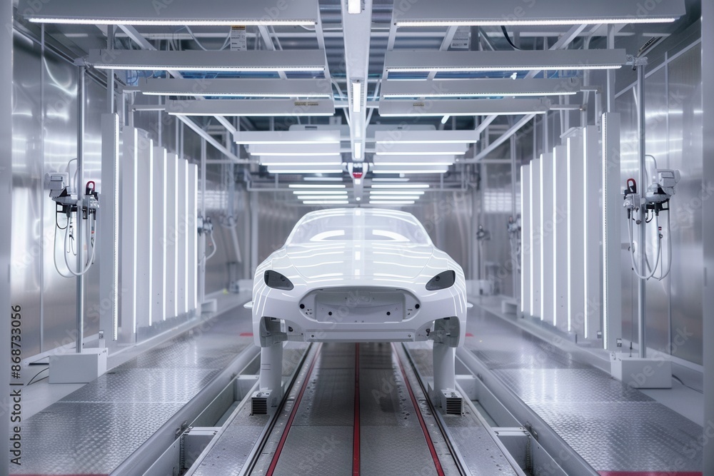 Poster a white car body is being painted by automated robotic systems in a clean, modern automotive factory