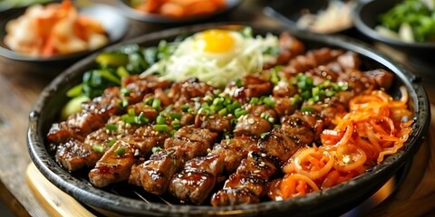 Fototapeta premium A delicious Korean BBQ meal with pork, rice, and vegetables