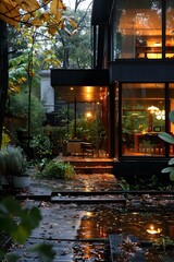 Fototapeta premium Modern Black House with Glass Windows and Warm Lights in Autumn