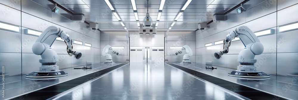 Poster a sleek, modern automotive painting shop featuring robotic systems for efficient and precise applica
