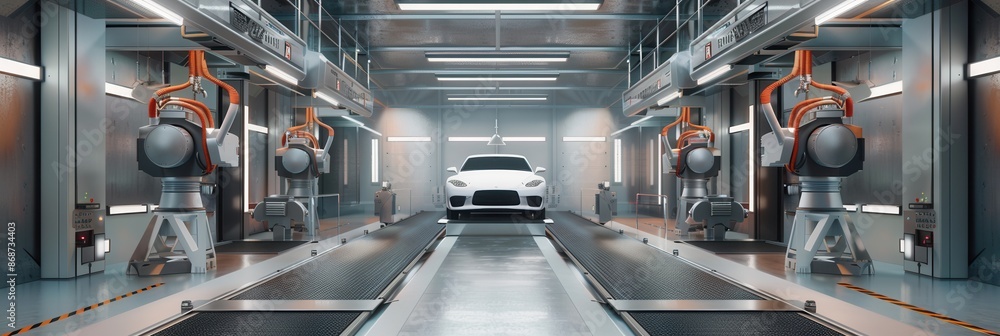Poster modern car painting shop with automated robotic systems painting a white car. generative ai