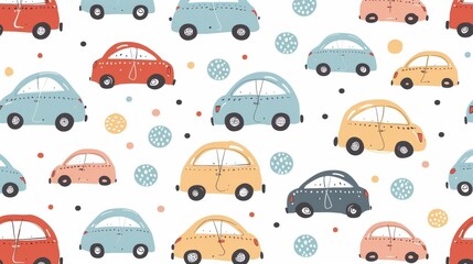 seamless watercolor pattern white small children's cars on a white background, For postcards, textiles, covers, wallpapers, design, decor, wrapping paper, clothing 