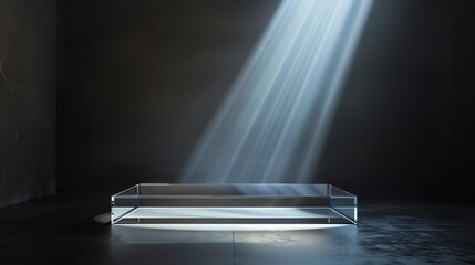 A single ray of light shines through a window, illuminating a glass platform in a dark room. The light creates a dramatic and ethereal effect.