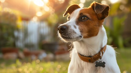 A white and brown dog with a leather collar looks attentively off-camera in a sunny garden setting.