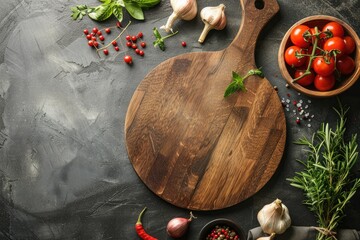 A wooden cutting board with a variety of vegetables and herbs on it. The board is empty, but the ingredients suggest that it could be used for preparing a meal. Scene is that of a kitchen