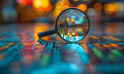 Magnifying Glass Over Digital Financial Charts: Analyzing Stock Market Trends and Business Performance with Graphs and Bar Graphs