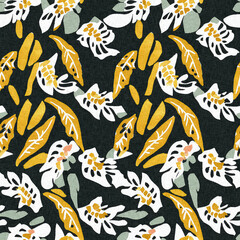 Obraz premium Modern printed fabric wildflower blockprint pattern with linen fabric textures. Stylized hand drawn boho dark florals for decorative design elements in repeatable background tile.