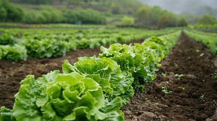 Field vegetable lettuce fresh organic farm. Close up hydroponic vegetable plantation green salad cultivate farm. Green oak lettuce salad in green Farm. Salad farm vegetable green oak lettuce field