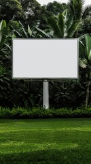 Fototapeta premium Blank white billboard in a lush green garden surrounded by tropical trees, ready for advertisement or promotional content.