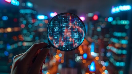 Magnifying glass over digital financial charts with graphs and bar graphs in the background concept of the stock market or business online analysis.