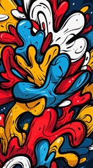 Dynamic and colorful abstract graffiti art with bold, flowing shapes in red, yellow, blue, and white.