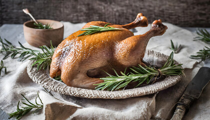 turkey, thanksgiving, auf, Leinentuch, natürlich, mit, romasrin, leinen, tuch, beige, bio, organisch, essen, braten, fleisch, bohemian, style, rustikal,hölzern, anlsser, stoff, texil, neu, close up, 