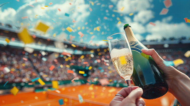 champagne is flowing in front of the tennis court.