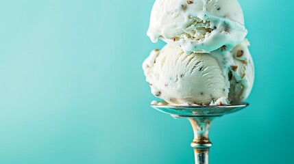 Mix ice cream on the spoon with aquamarine background