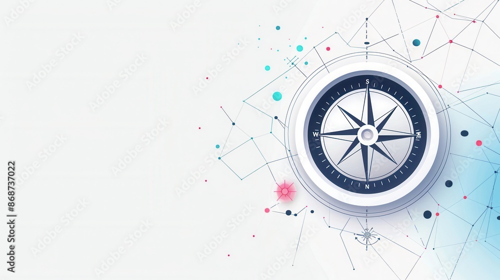 Poster A minimalist illustration of a compass with clear lines and an abstract background, ideal for navigation apps and travel services. Generative AI
