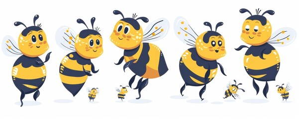 Fototapeta premium A group of cartoon bees are shown in various poses, with one of them holding a piece of cheese. The image conveys a playful and lighthearted mood, with the bees appearing to be having fun.