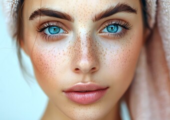 Fototapeta premium Close-up portrait of a young woman with freckles