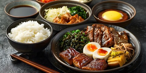 A delicious and healthy Japanese meal with rice, fish, and vegetables