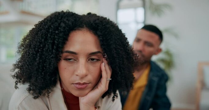 Black couple, ignore and angry conflict in home, argument and communication in relationship. People, toxic marriage and fighting in living room, silent treatment and frustrated for issue or mistake