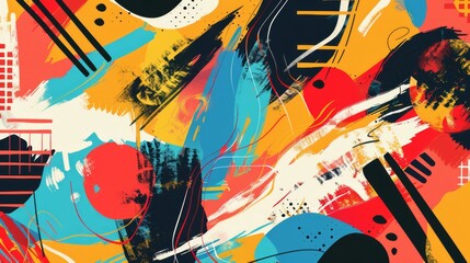 Vibrant maximalist cluttercore abstract background with rich colors and bold design strokes