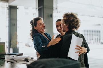 Group of cheerful business professionals sharing a joyful hug, celebrating success and teamwork in...