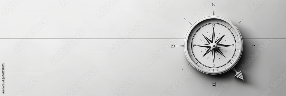 Poster a simple and symbolic compass with clear lines on a white background, ideal for navigation apps and 
