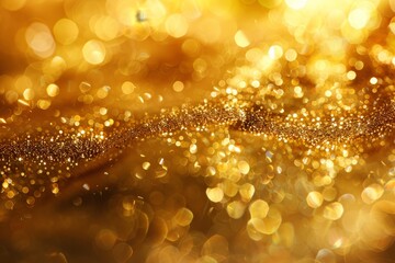 Shimmering golden surface texture with soft focus, metallic background, reflections, and bokeh