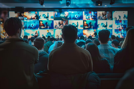 People crowd watching TV. TV addiction, propaganda and fake news concept.