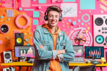 Obraz premium young man in jeans shirt with headphones is in a retro colorful studio with screens and other digital equipment