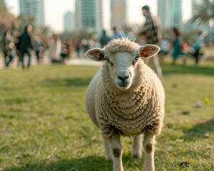 Fototapeta premium Sheep in park with crowd and dubai backdrop, shot on sony alpha a9 ii with f 2.8 lens