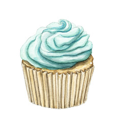 Muffin with mint cream isolated on white background. Watercolor hand drawn illustration