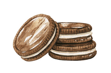 Three chocolate round cookies sandwich isolated on white background. Watercolor hand drawn illustration