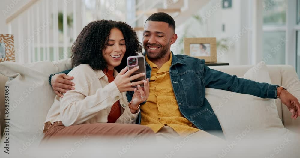 Poster Black couple, laughing and phone for meme in home, talking and scroll on social media together on sofa. Happy people, embrace and reading funny ebook on weekend, texting and app for streaming online