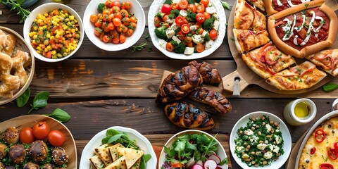 Overhead view of a table with a variety of food