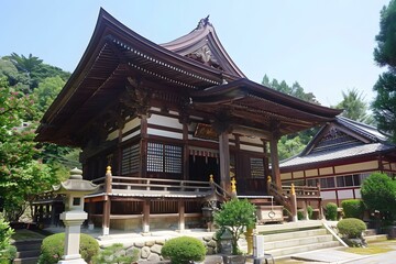 Japanese temple with traditional architecture and lush green surroundings