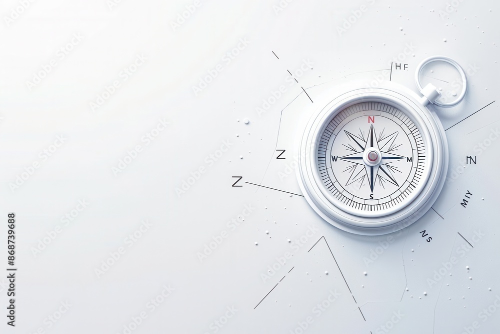 Poster a simple, clean image featuring a white compass with black markings on a white background with thin 