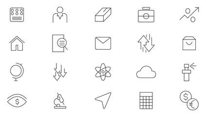 Stock market line icon set. Business, stock marketing, stock exchange, investment, shares, financial goals, bear marketing, trading, securities, and money outline icon collection. UI thin outline icon